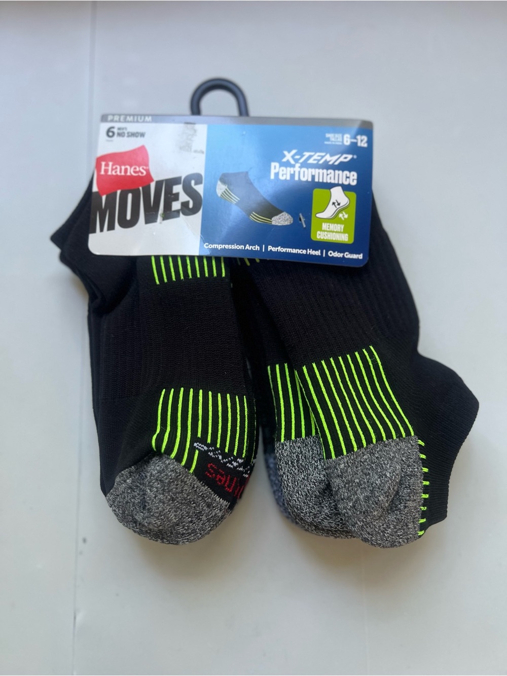 Hanes Moves X-Temp Performance Black & Neon Green No-Show Socks (6-Pack)